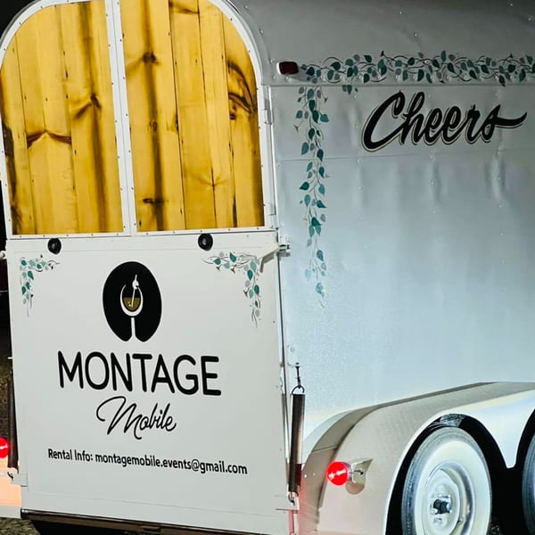 Montage Mobile wine bar trailer, white with green leaf accents, "Cheers" and "Montage Mobile" branding.