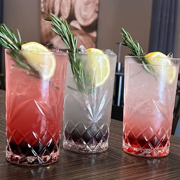Three vibrant cocktails, garnished with lemon and rosemary, sit on a dark wooden bar.